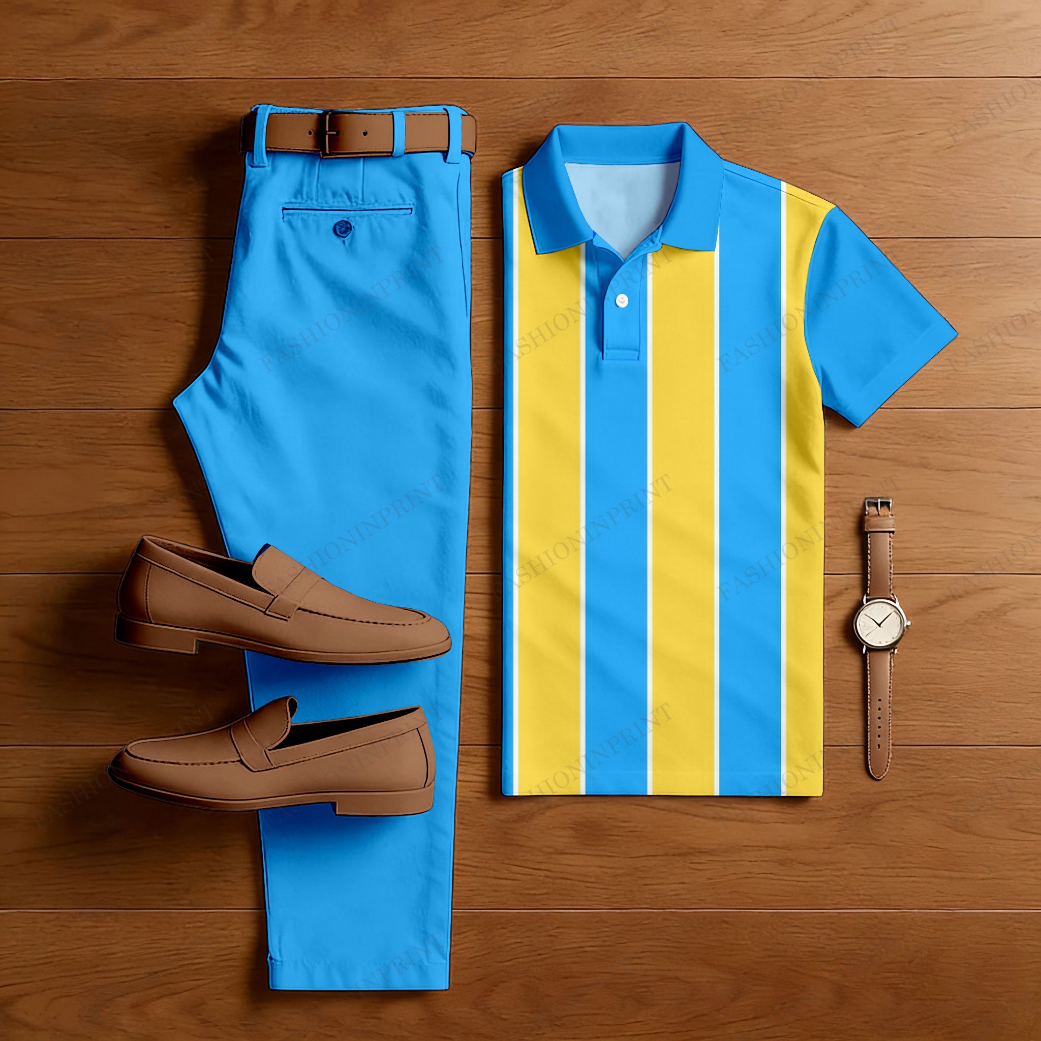 Men's Casual Blue & Yellow Color Matching Striped Printed Short Sleeved Polo Shirt & Trousers Two-Piece Set
