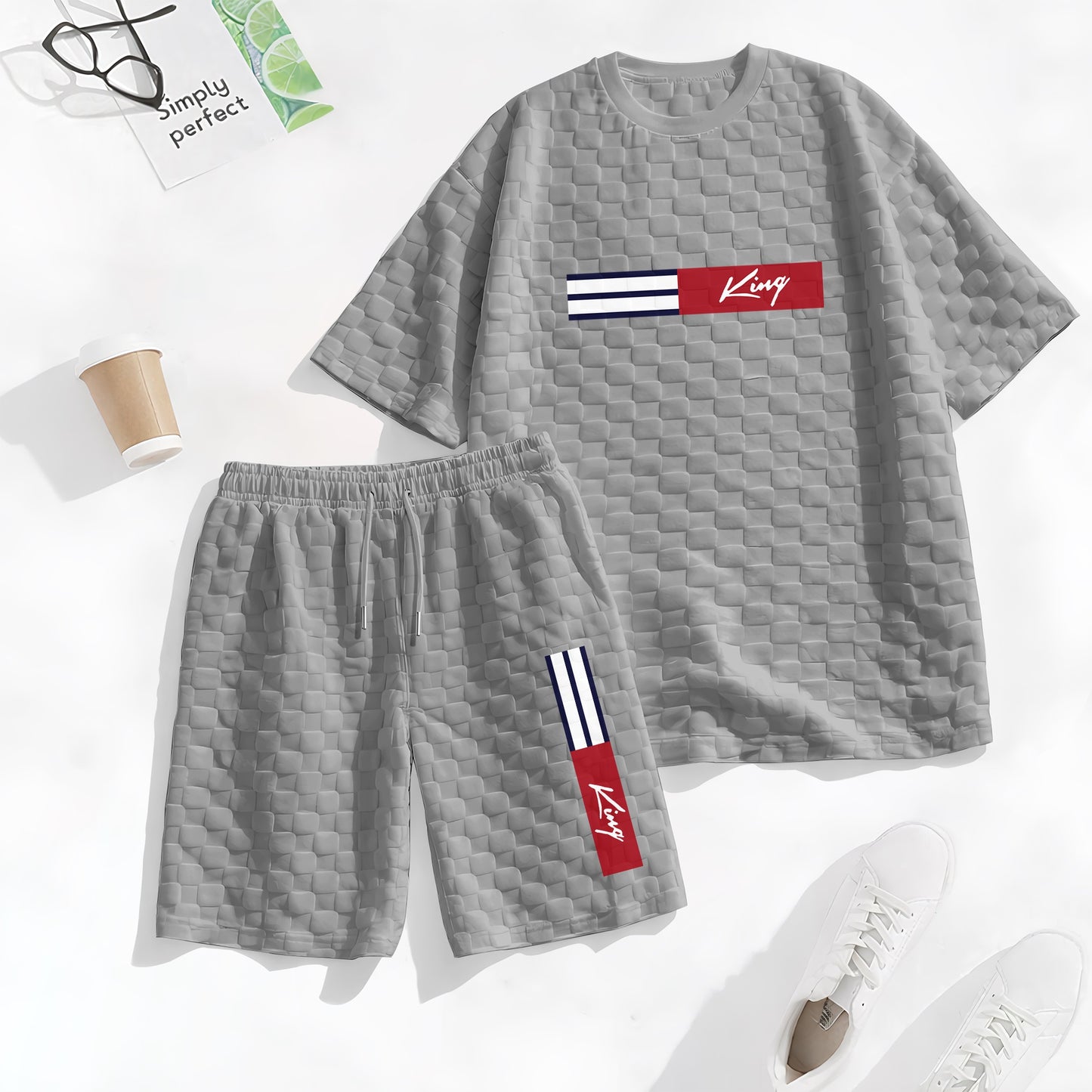 Men's Spring and Summer 'King' Letter Print Checkered Fabric Drawstring Shorts Set, Casual Summer Outfit with Short-Sleeved Shirt and Shorts, Ideal for Everyday Wear and Sports Activities
