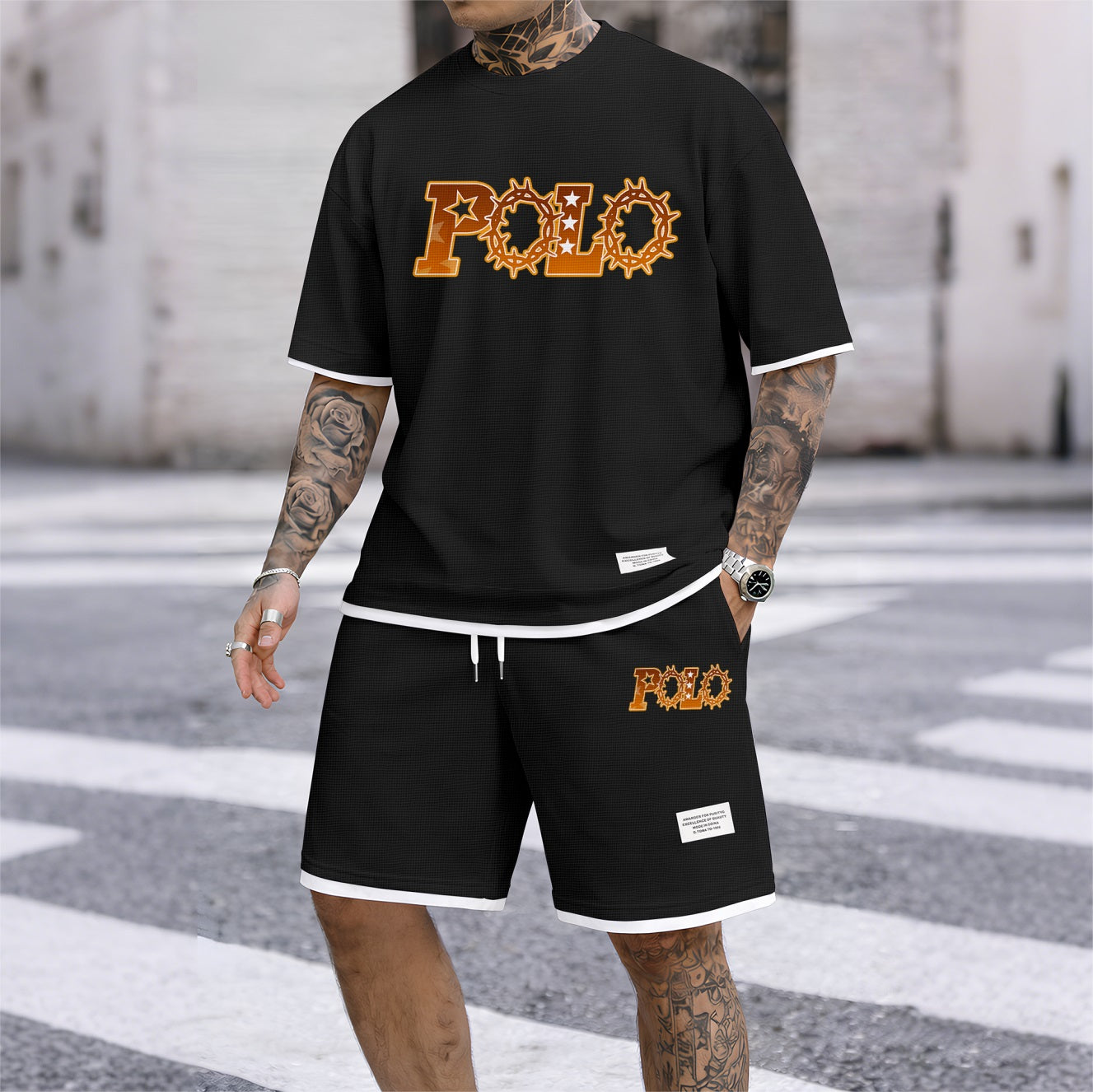 Men's Retro Thorns Print Waffle Fabric Short-Sleeved Shirt And Shorts Set