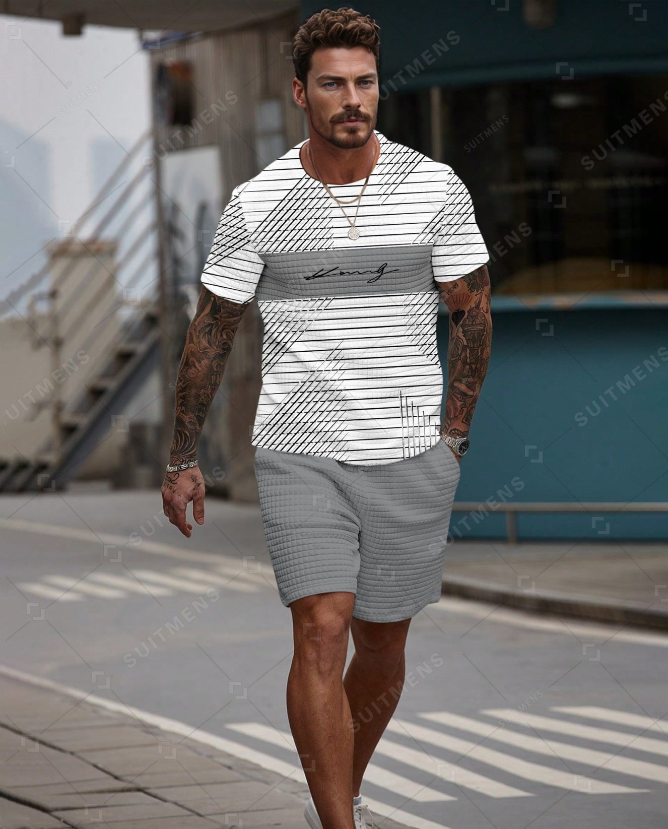 Men's Casual Waffle Textured Summer Round Neck Short Sleeve Shorts Set 0012