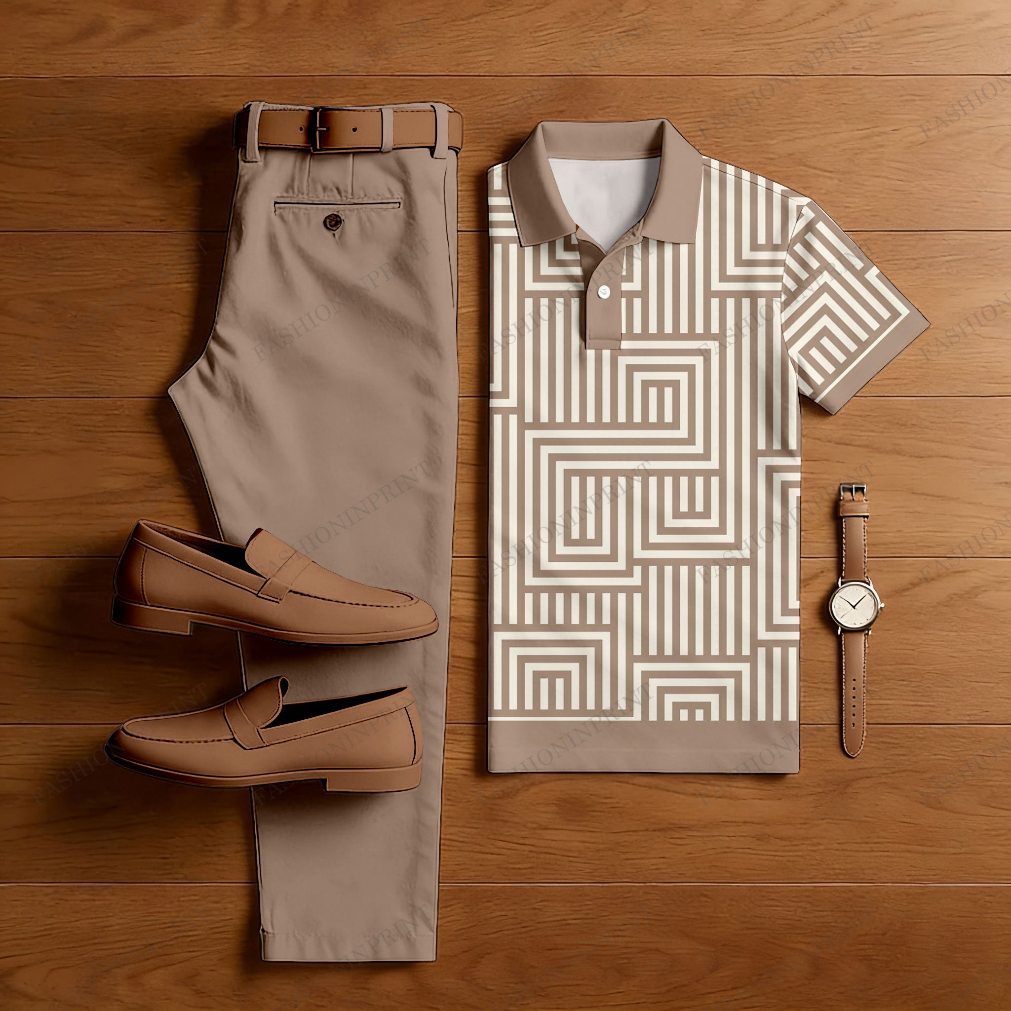 Men's Casual Light Brown & Beige Color Matching Checkered Printed Short Sleeved Polo Shirt & Trousers Two-Piece Set