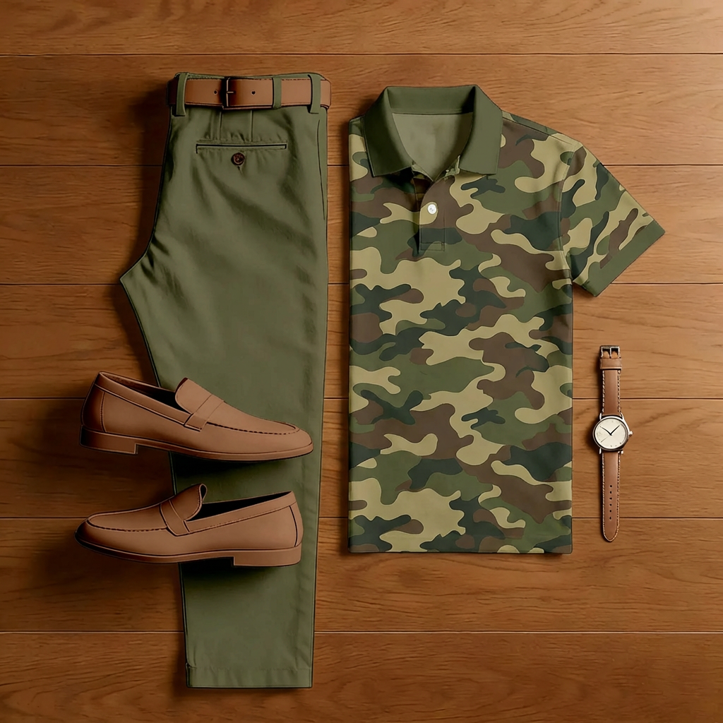Men's Casual Military Green Camouflage Print Short-Sleeved Polo Shirt And Trousers Two-Piece Set