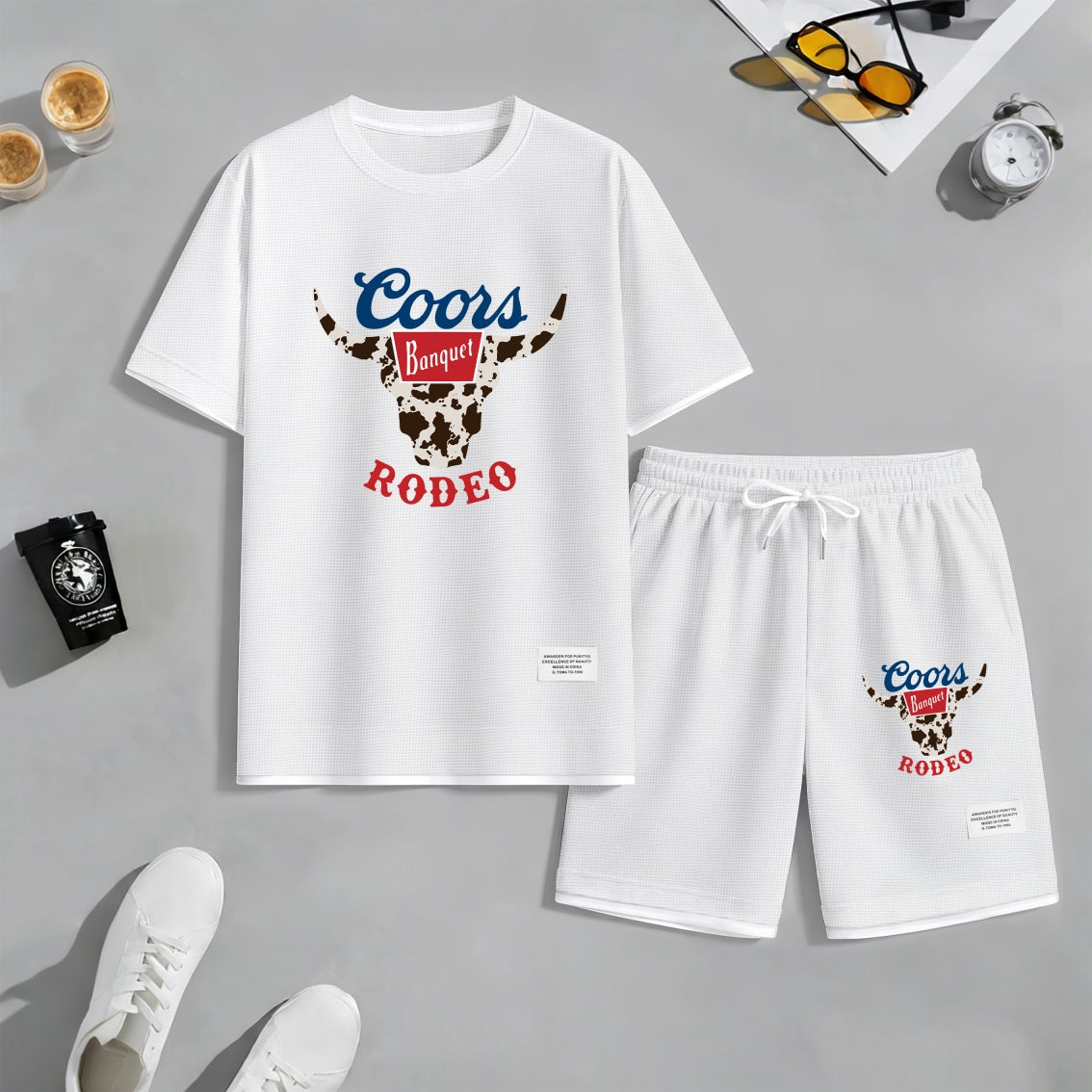 Men's Vintage Alpine Beer Print Waffle Fabric Short-Sleeved Shirt And Shorts Set