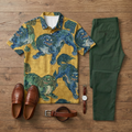 Men's Casual Khaki & Blue Printed Short-Sleeve Polo Shirt And Trousers Two-Piece Set