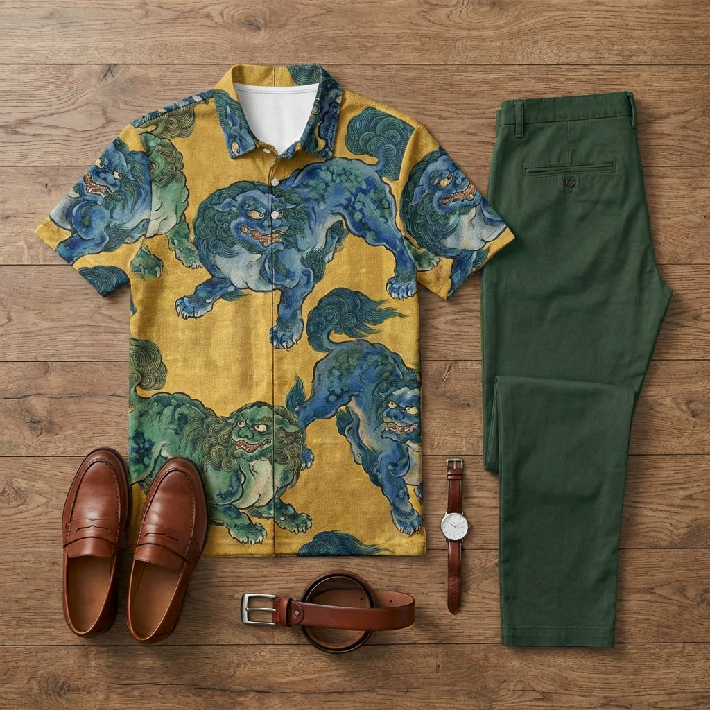 Men's Casual Khaki & Blue Printed Short-Sleeve Polo Shirt And Trousers Two-Piece Set