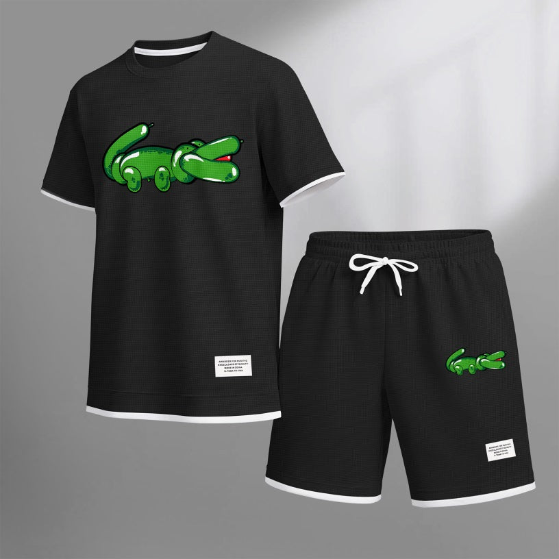 Men's Balloon Crocodile Print Waffle Fabric Short-Sleeved Shirt And Shorts Set