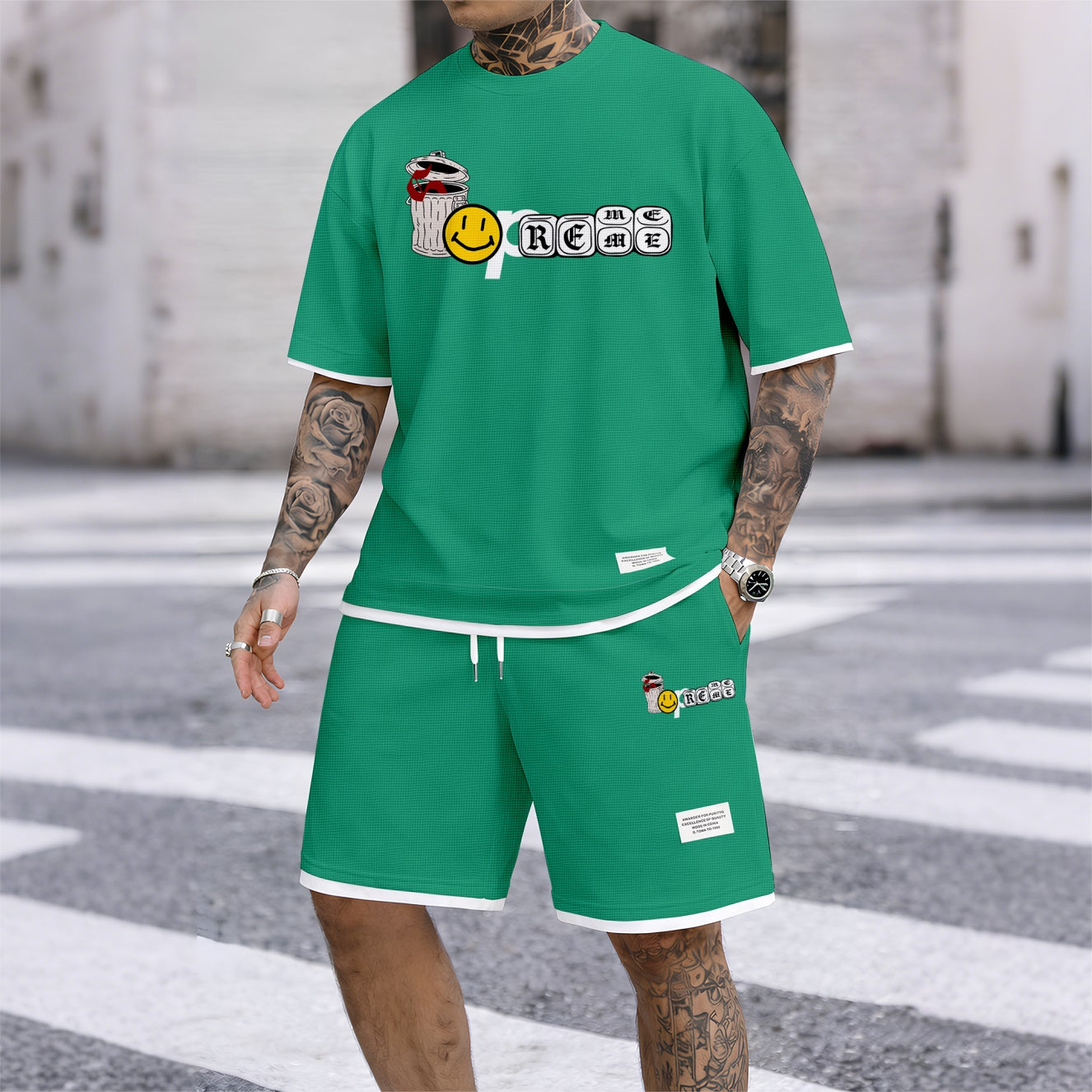 Men's Graffiti Collage Design Print Waffle Fabric Short-Sleeved Shirt And Shorts Set
