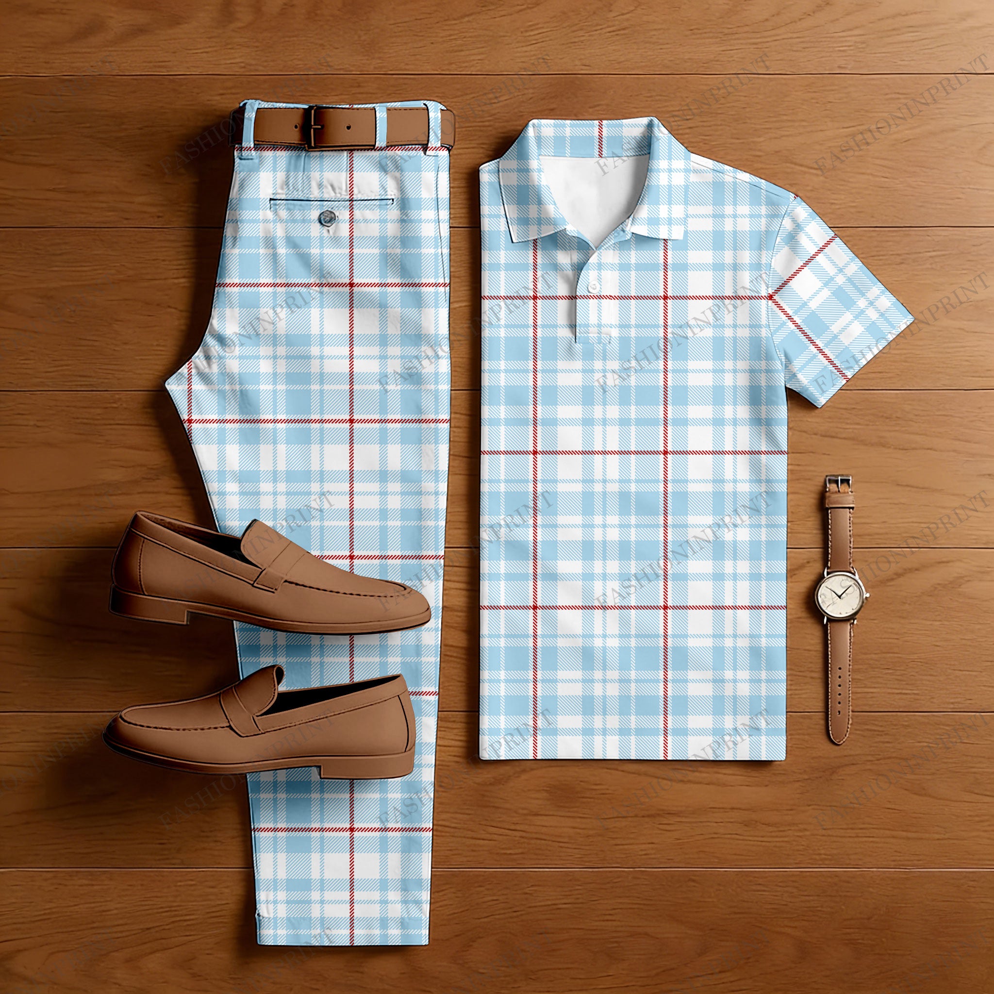 Men's Casual Blue & White Color Matching Checkered Printed Short Sleeved Polo Shirt & Trousers Two-Piece Set