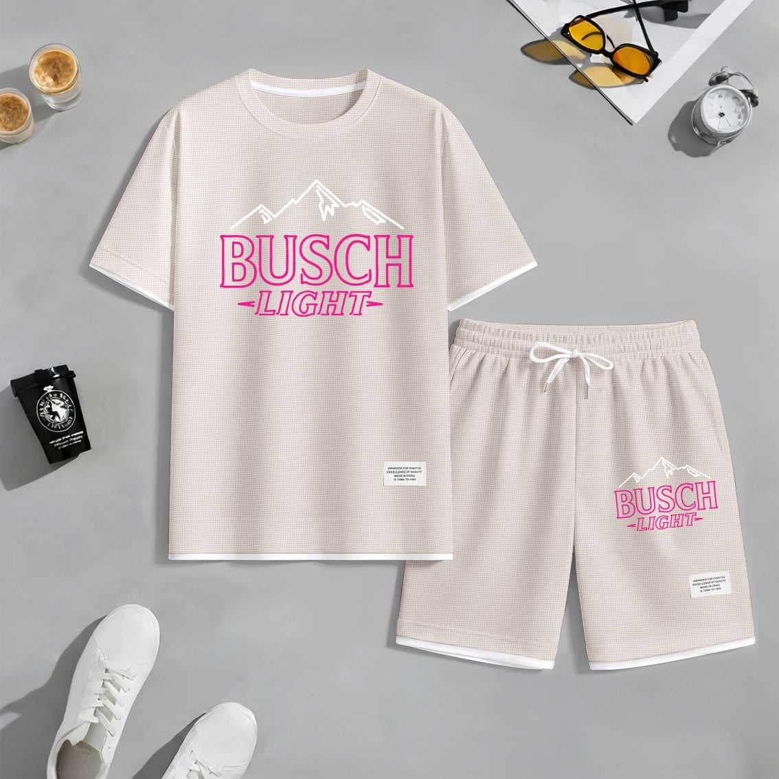 Men's Light-Flavored Beer Print Waffle Fabric Short-Sleeved Shirt And Shorts Set