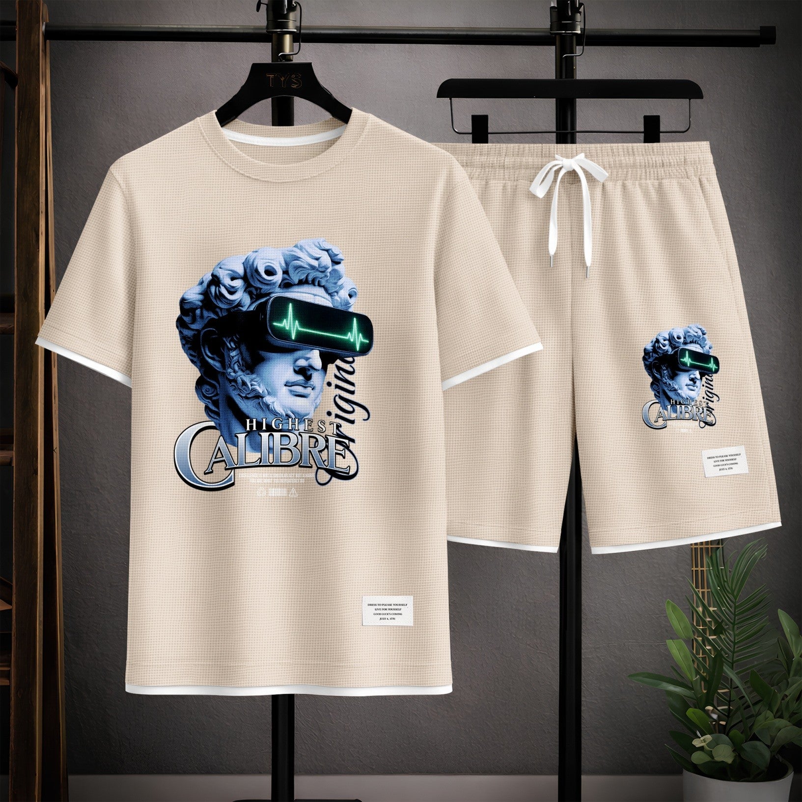 Men's Vintage Statue Graphic Print Short Sleeve Shirt and Drawstring Shorts Set, Casual Summer Two-Piece Outfit, Lightweight Breathable Relaxed Fit Sportswear for Daily Wear, Beach, Vacation, Travel, Loungewear