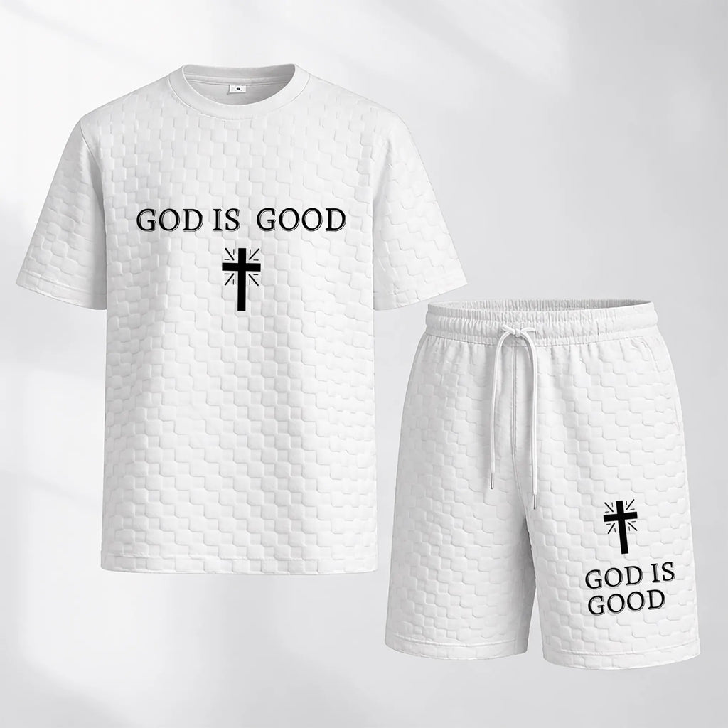 Men's Spring and Summer God is Good Letter Print Checkered Fabric Drawstring Shorts Set, Casual Summer Outfit with Short-Sleeved Shirt and Shorts, Ideal for Everyday Wear and Sports Activities