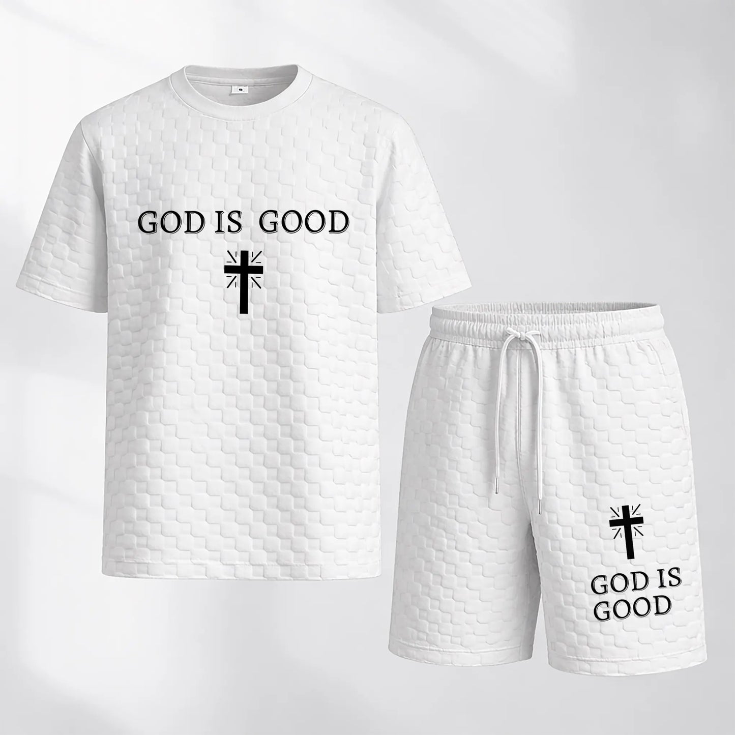 Men's Spring and Summer God is Good Letter Print Checkered Fabric Drawstring Shorts Set, Casual Summer Outfit with Short-Sleeved Shirt and Shorts, Ideal for Everyday Wear and Sports Activities