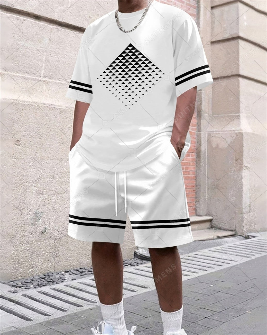 Men's Summer Simple Color Matching Print Round Neck Set 363