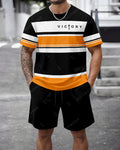 Men's Summer Colorblock Printed Round Neck Set 469
