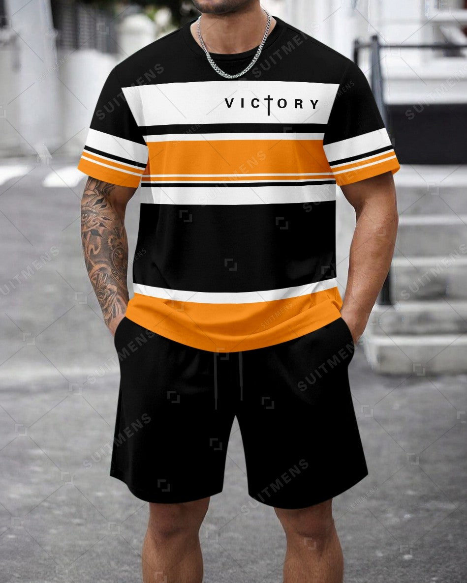 Men's Summer Colorblock Printed Round Neck Set 469