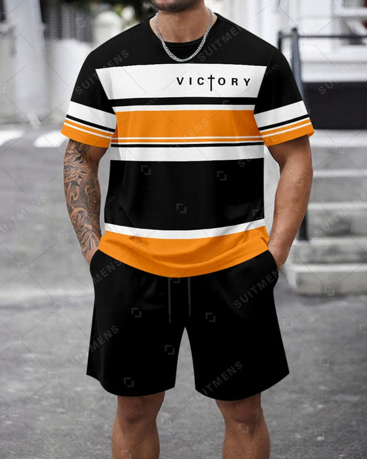 Men's Summer Colorblock Printed Round Neck Set 469