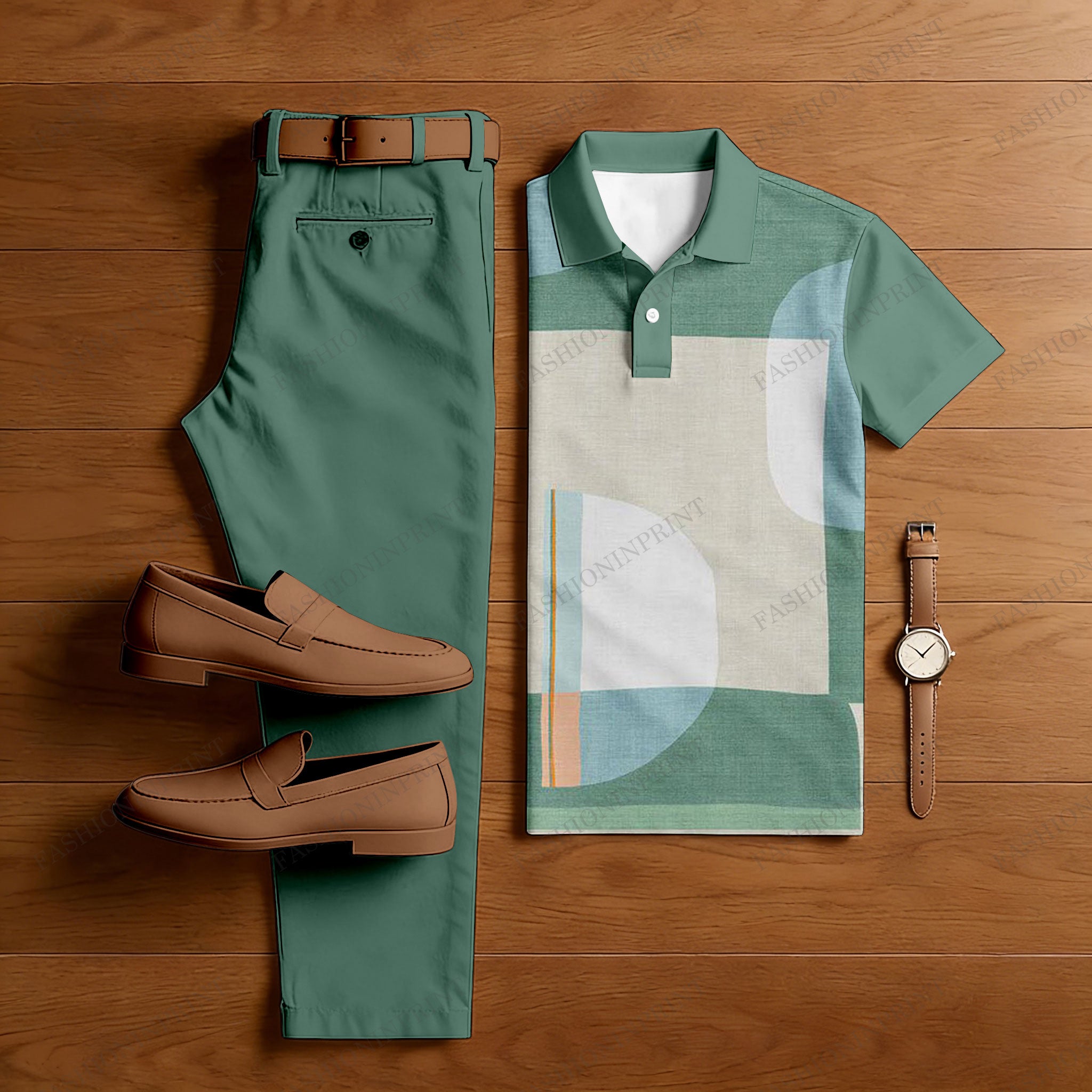 Men's Casual Green & Khaki Color Matching Geometric Printed Short Sleeved Polo Shirt & Trousers Two-Piece Set