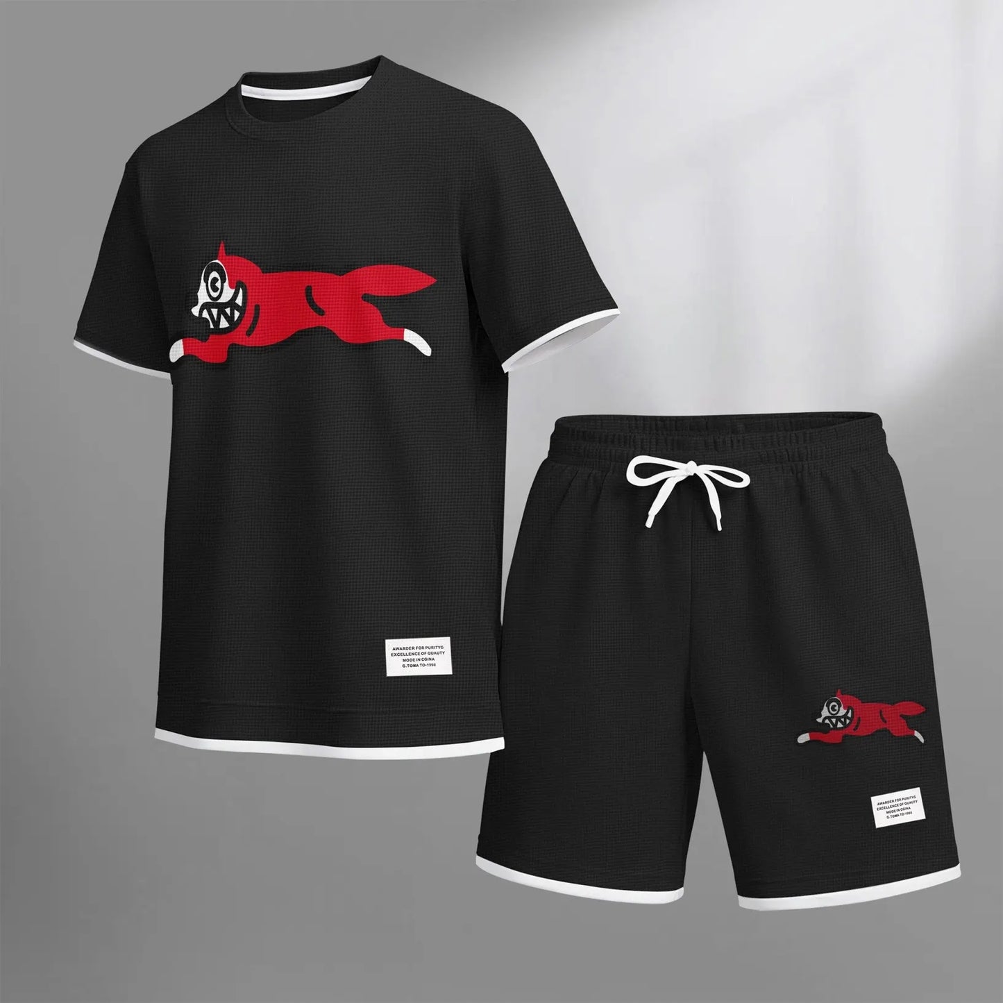 Men's Running Dog print drawstring shorts set for spring/summer, a casual summer outfit including a short-sleeved shirt and shorts, suitable for everyday wear and sports. A two-piece set for a relaxed and energetic lifestyle.