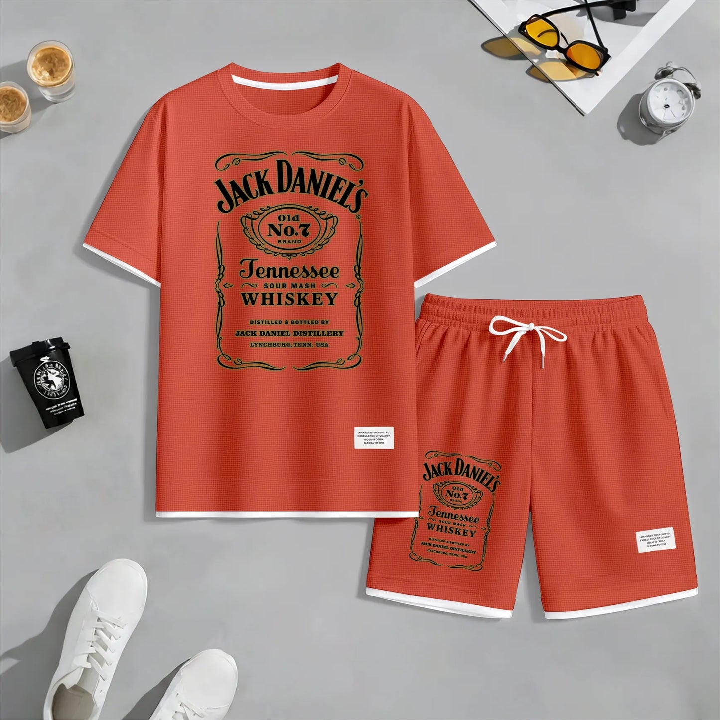 Men's Beer And Beverage Printed Drawstring Shorts Set, Suitable For Spring And Summer Wear, Casual Summer Set, Including Short-Sleeved Shirt And Shorts, Suitable For Everyday Wear And Sports 03