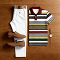 Men's Casual Multi Color Matching Striped Printed Short Sleeved Polo Shirt & White Trousers Two-Piece Set