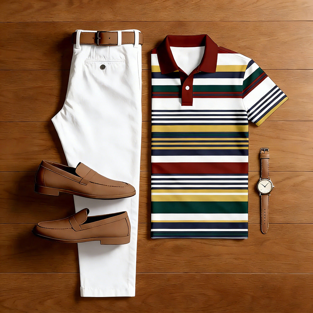 Men's Casual Multi Color Matching Striped Printed Short Sleeved Polo Shirt & White Trousers Two-Piece Set