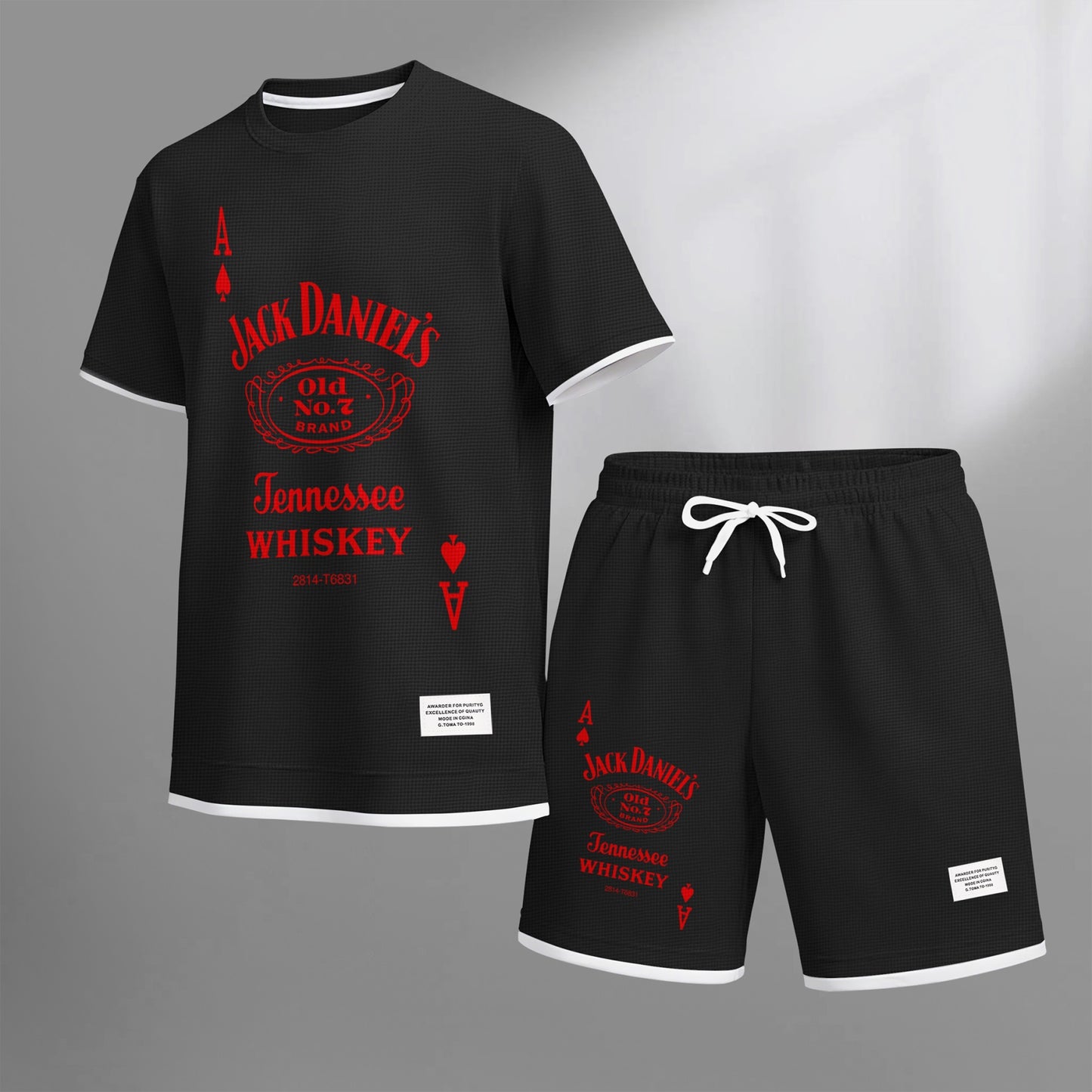Men's Beer And Beverage Printed Drawstring Shorts Set, Suitable For Spring And Summer Wear, Casual Summer Set, Including Short-Sleeved Shirt And Shorts, Suitable For Everyday Wear And Sports 013