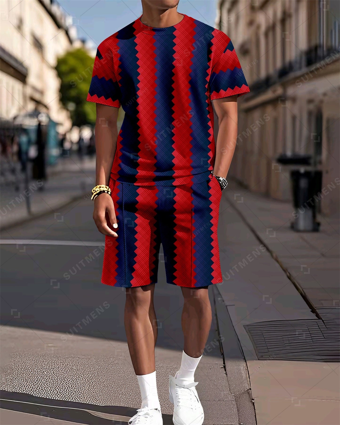 Men's Colorblock Printed Casual Summer Round Neck Set 2031