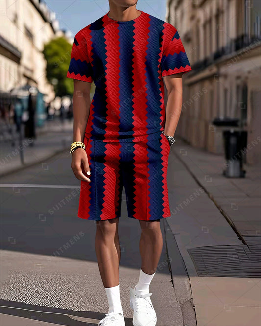 Men's Colorblock Printed Casual Summer Round Neck Set 2031