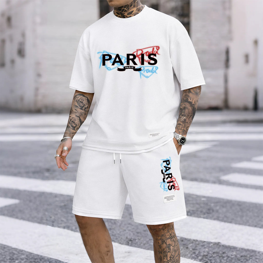 Men's PARIS Red & Blue Graffiti Letter Print Short Sleeve T-Shirt & Shorts Set, Summer Lightweight Waffle Sporty Casual Two-Piece Outfit, Streetwear for Gym & Daily Wear