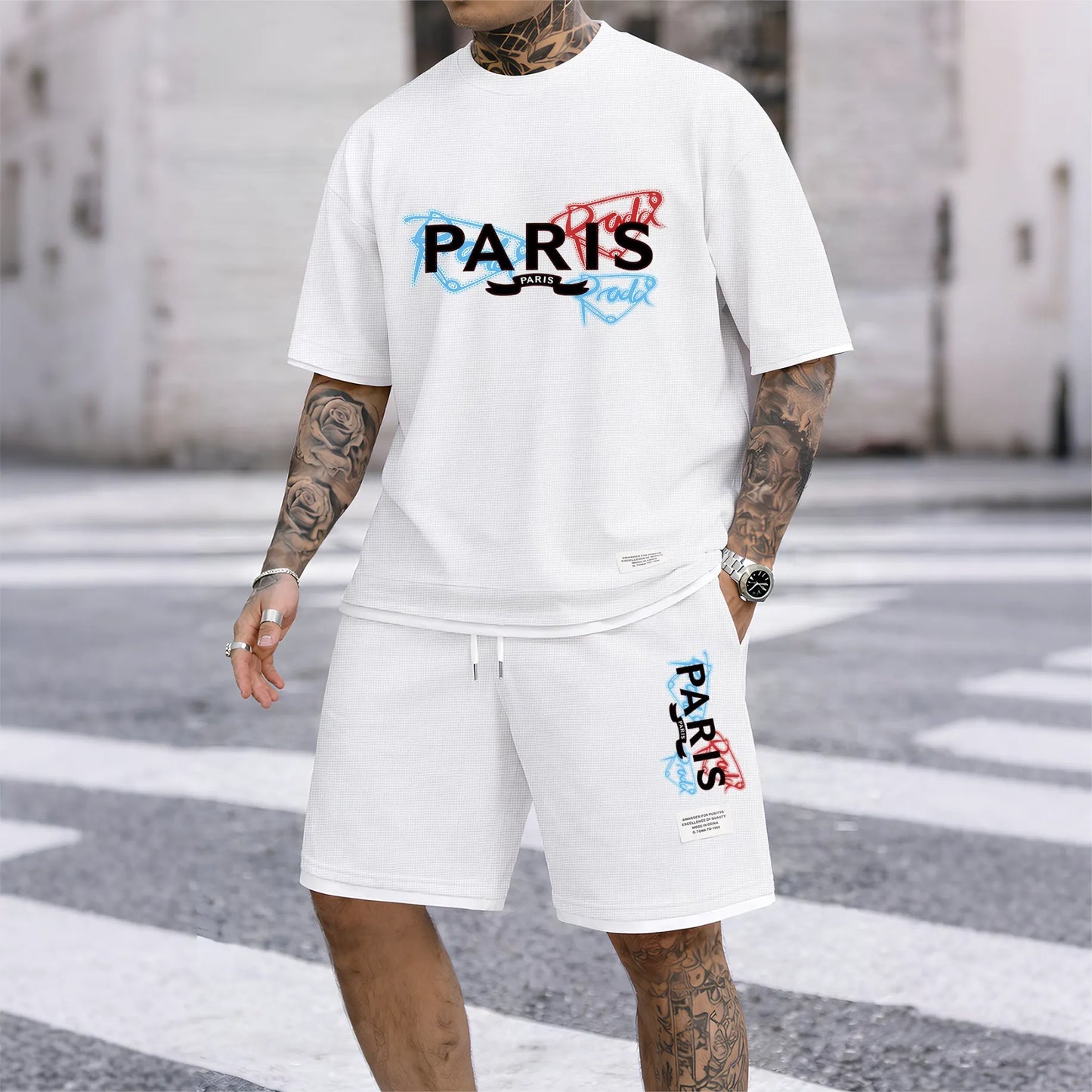 Men's PARIS Red & Blue Graffiti Letter Print Short Sleeve T-Shirt & Shorts Set, Summer Lightweight Waffle Sporty Casual Two-Piece Outfit, Streetwear for Gym & Daily Wear