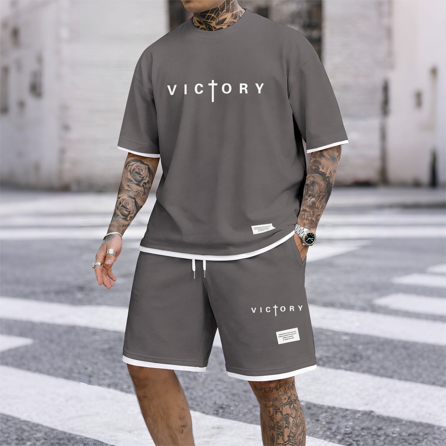 Men's “Victory” Graphic Print Short Sleeve Shirt and Drawstring Shorts Set, Casual Summer Two-Piece Outfit, Lightweight Breathable Relaxed Fit Athletic Set for Daily Wear, Beach, Vacation, Travel & Loungewear