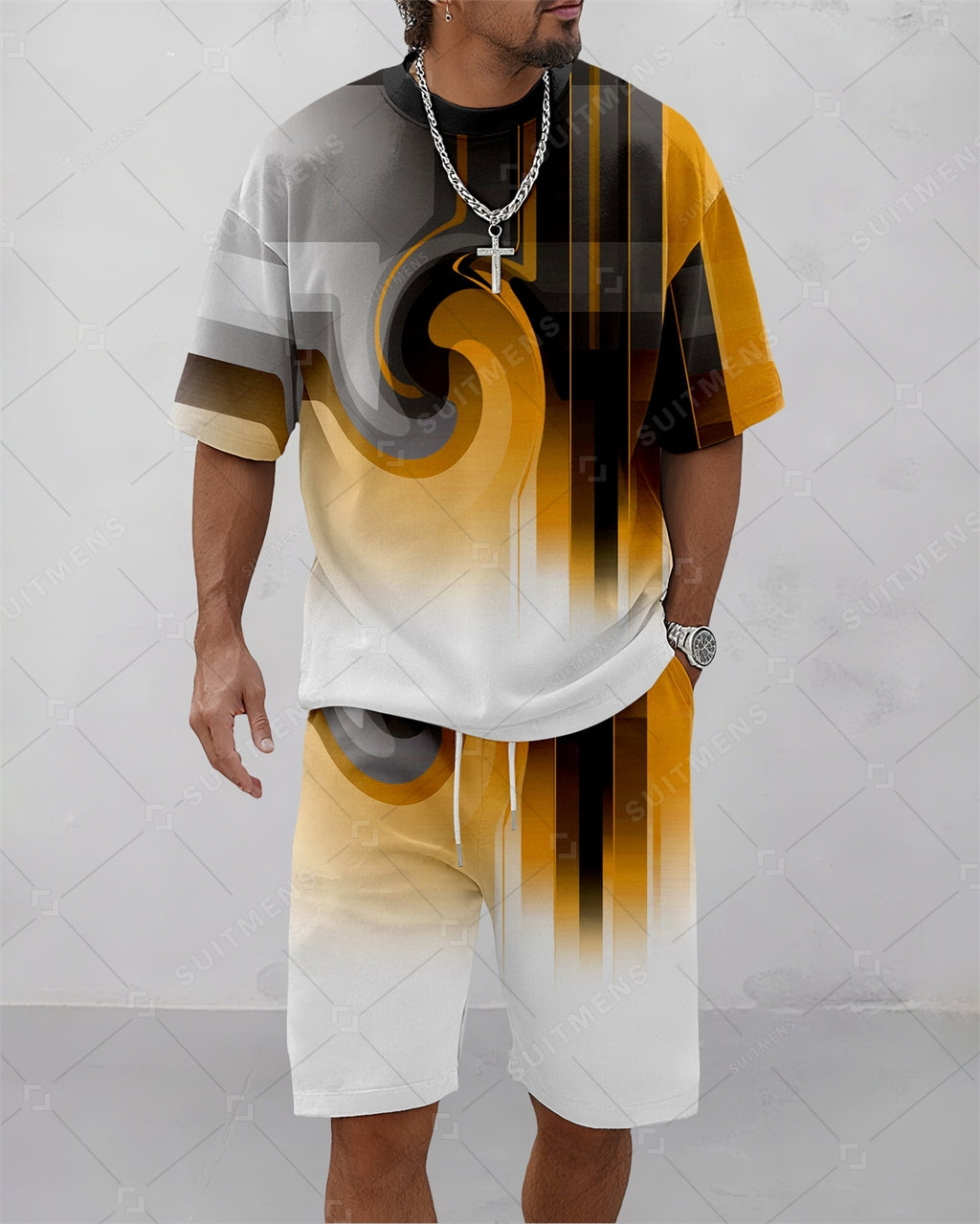 Men's Summer Colorblock Printed Round Neck Suit 080