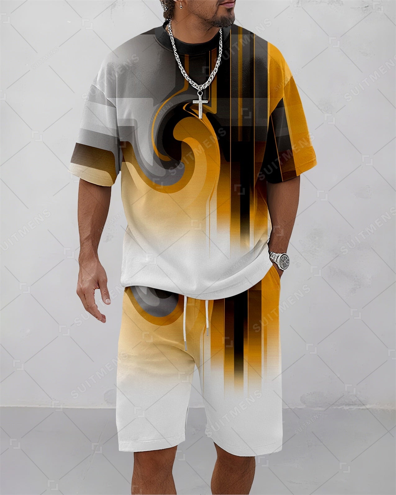 Men's Summer Colorblock Printed Round Neck Suit 080