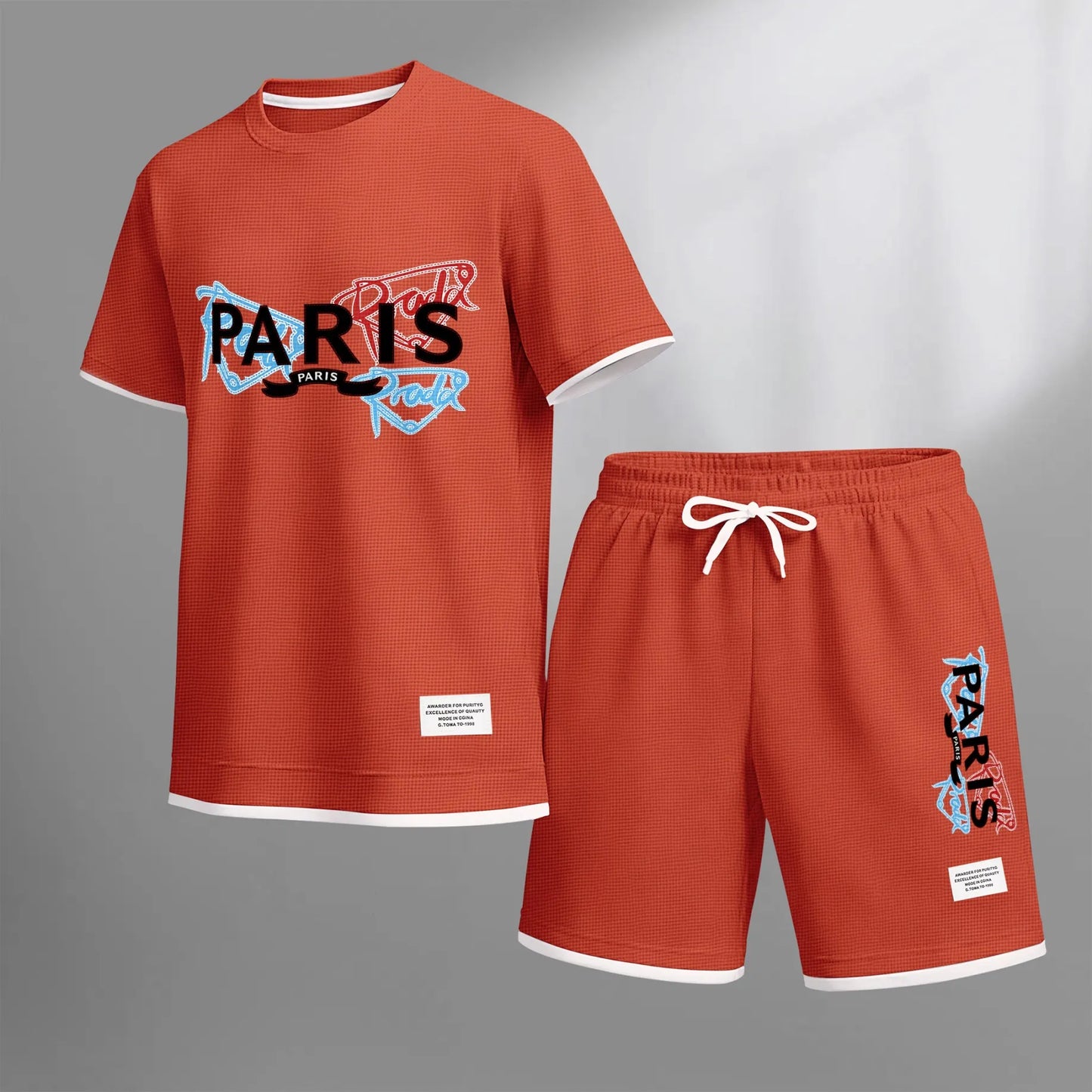 Men's PARIS Red & Blue Graffiti Letter Print Short Sleeve T-Shirt & Shorts Set, Summer Lightweight Waffle Sporty Casual Two-Piece Outfit, Streetwear for Gym & Daily Wear