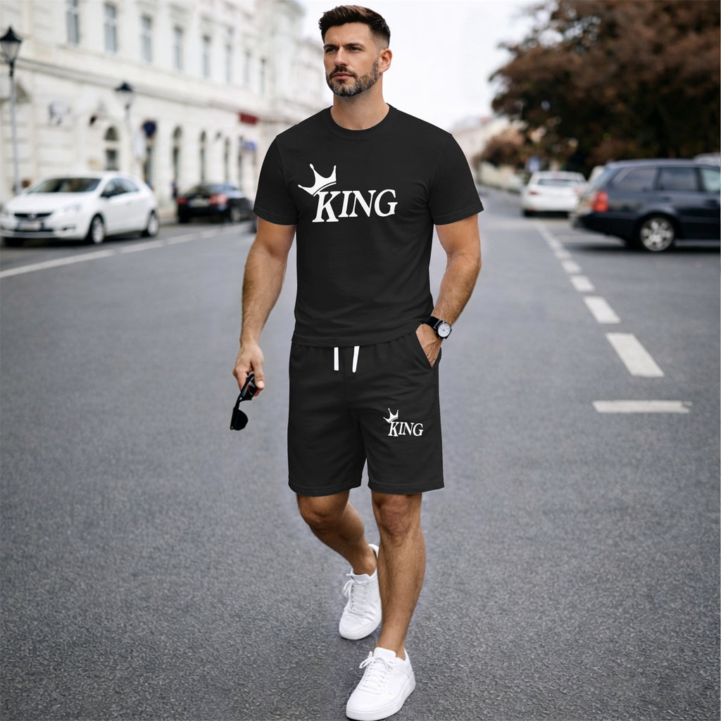 Men’s Summer 2 Piece Set, KING Crown Print Short Sleeve T Shirt and Drawstring Shorts Matching Outfit, Lightweight Breathable Casual Set for Beach, Vacation, Gym, Travel, Running, and Daily Wear