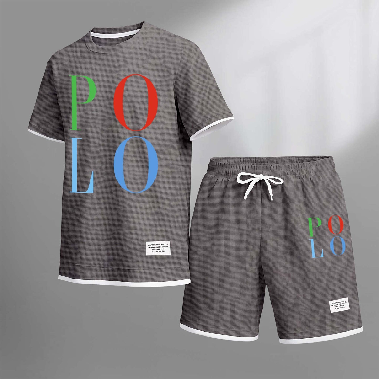 Men's Polo Print Drawstring Shorts Set For Spring/Summer. A Casual Summer Outfit, Including A Short-Sleeved Shirt And Shorts, Suitable For Everyday Wear And Sports. A Two-Piece Set For A Relaxed And Energetic Lifestyle.