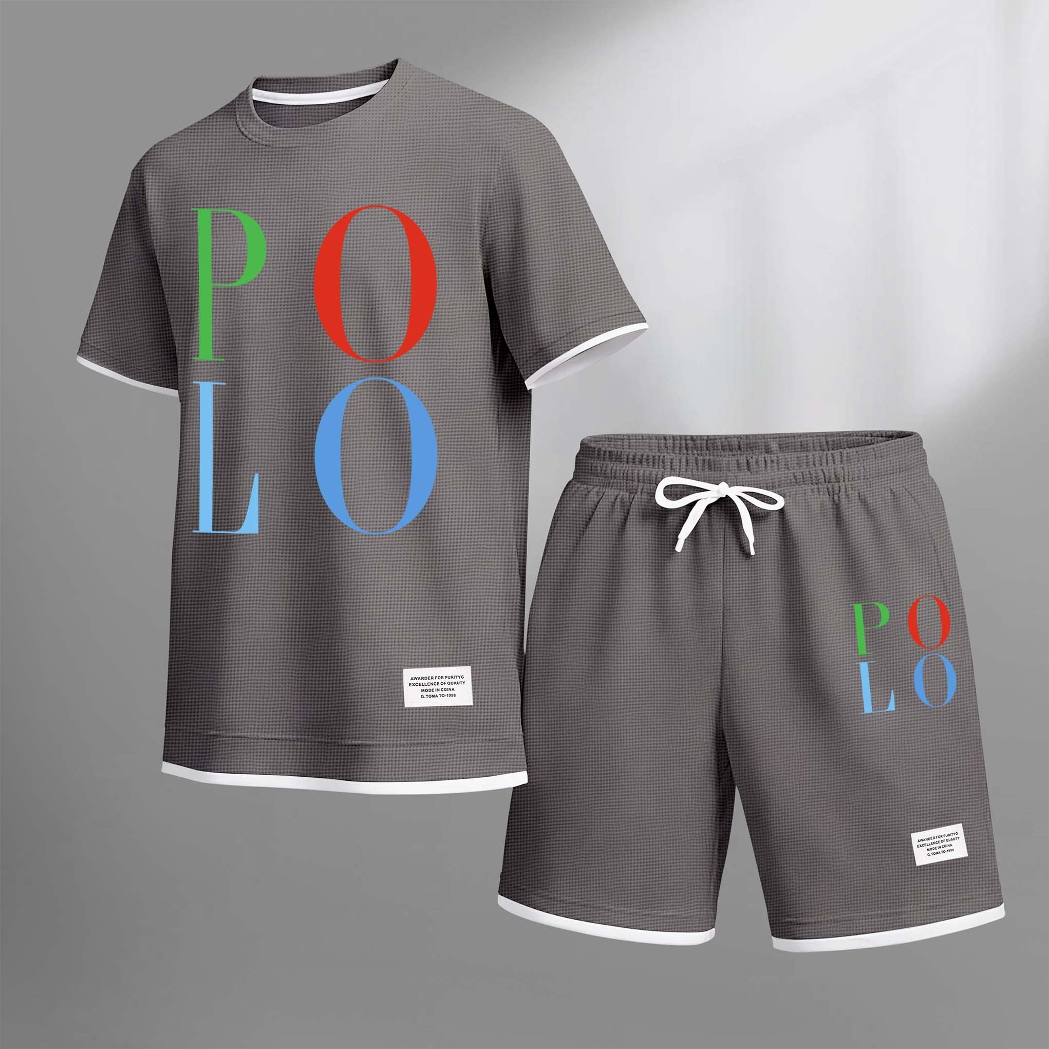 Men's Polo Print Drawstring Shorts Set For Spring/Summer. A Casual Summer Outfit, Including A Short-Sleeved Shirt And Shorts, Suitable For Everyday Wear And Sports. A Two-Piece Set For A Relaxed And Energetic Lifestyle.