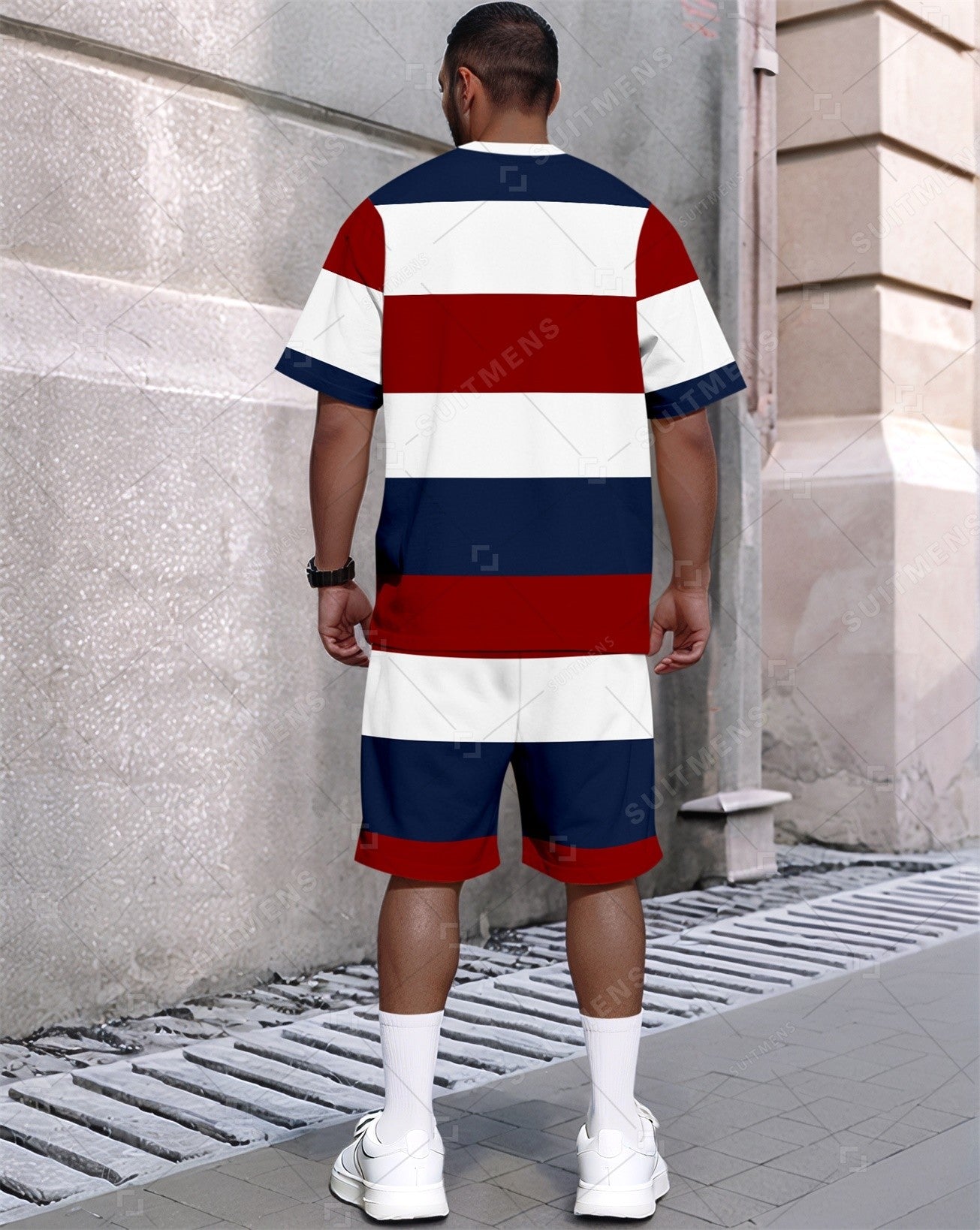 Men's Summer Colorblock Printed Round Neck Set 383