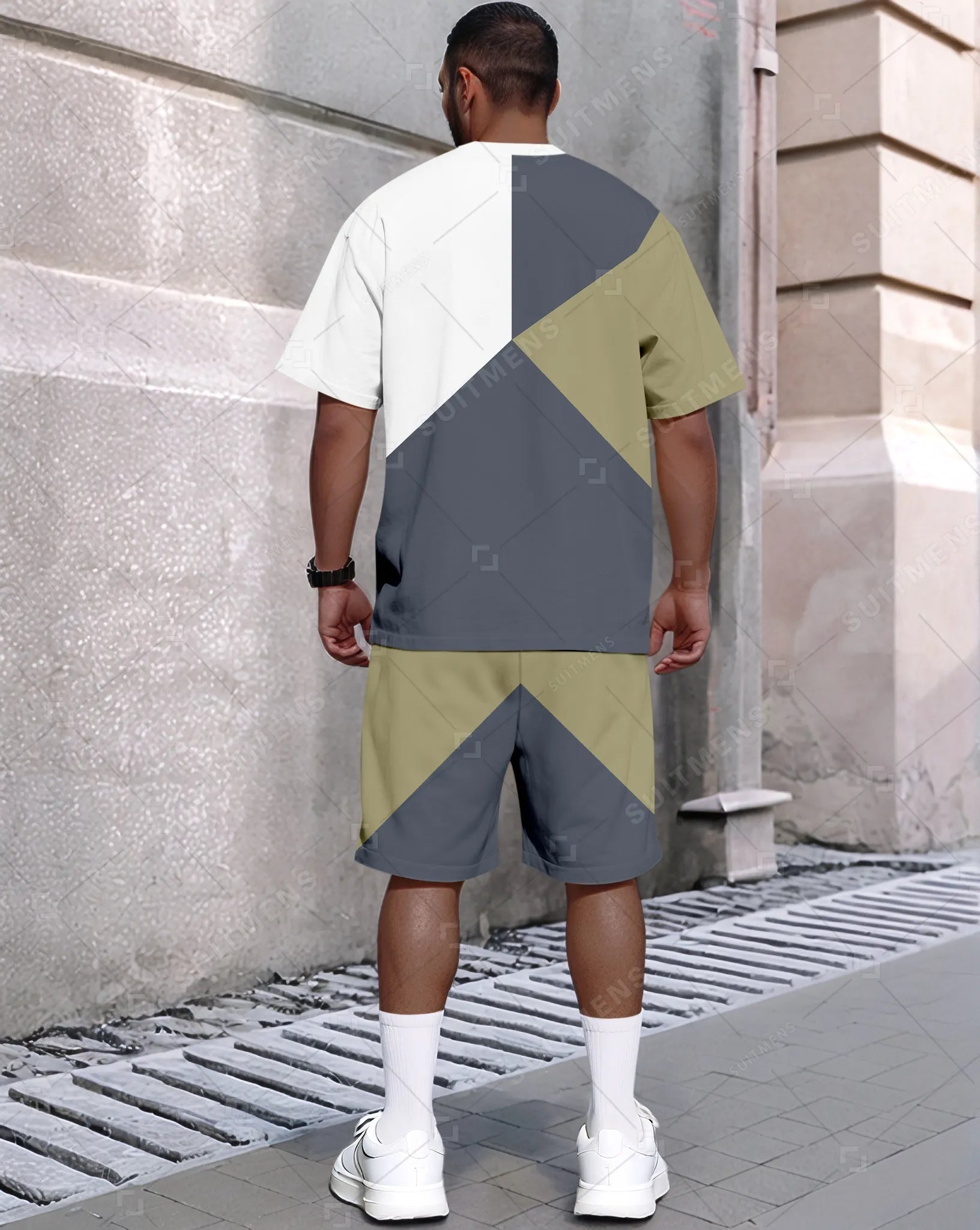 Men's Summer Colorblock Printed Round Neck Set 486