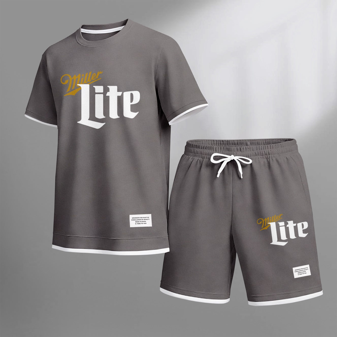 Men's Low-Calorie Beer Print Waffle Fabric Short-Sleeved Shirt And Shorts Set