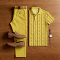Men's Casual Yellow & Black Color Matching Striped Printed Short Sleeved Polo Shirt & Trousers Two-Piece Set