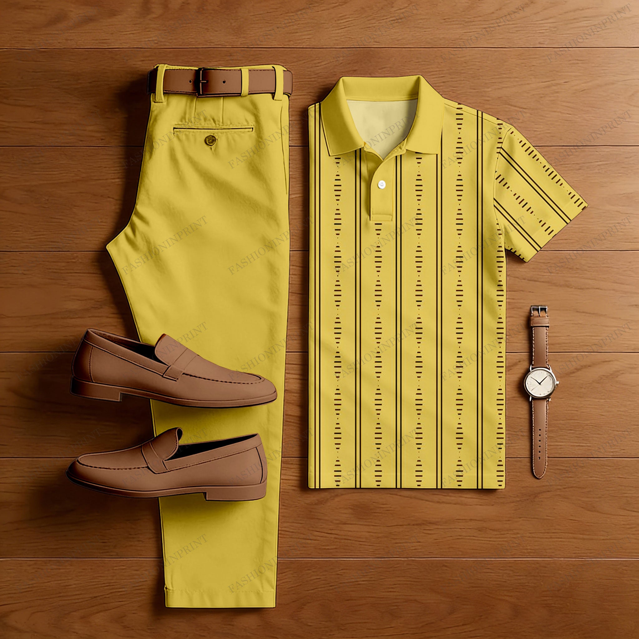 Men's Casual Yellow & Black Color Matching Striped Printed Short Sleeved Polo Shirt & Trousers Two-Piece Set