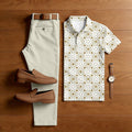 Men's Casual Beige & Coffee Color Matching Checkered Printed Short Sleeved Polo Shirt & Trousers Two-Piece Set