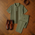 Men's Casual Army Green & Brown Color Matching Striped Printed Short Sleeved Polo Shirt & Trousers Two-Piece Set