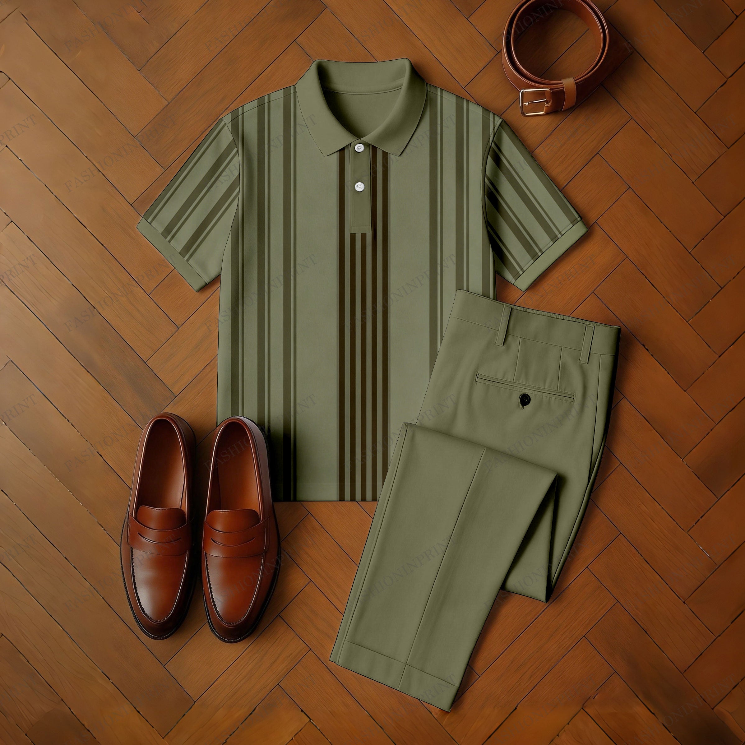 Men's Casual Army Green & Brown Color Matching Striped Printed Short Sleeved Polo Shirt & Trousers Two-Piece Set