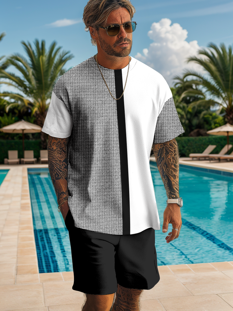Men's casual color block printed shorts Set 512