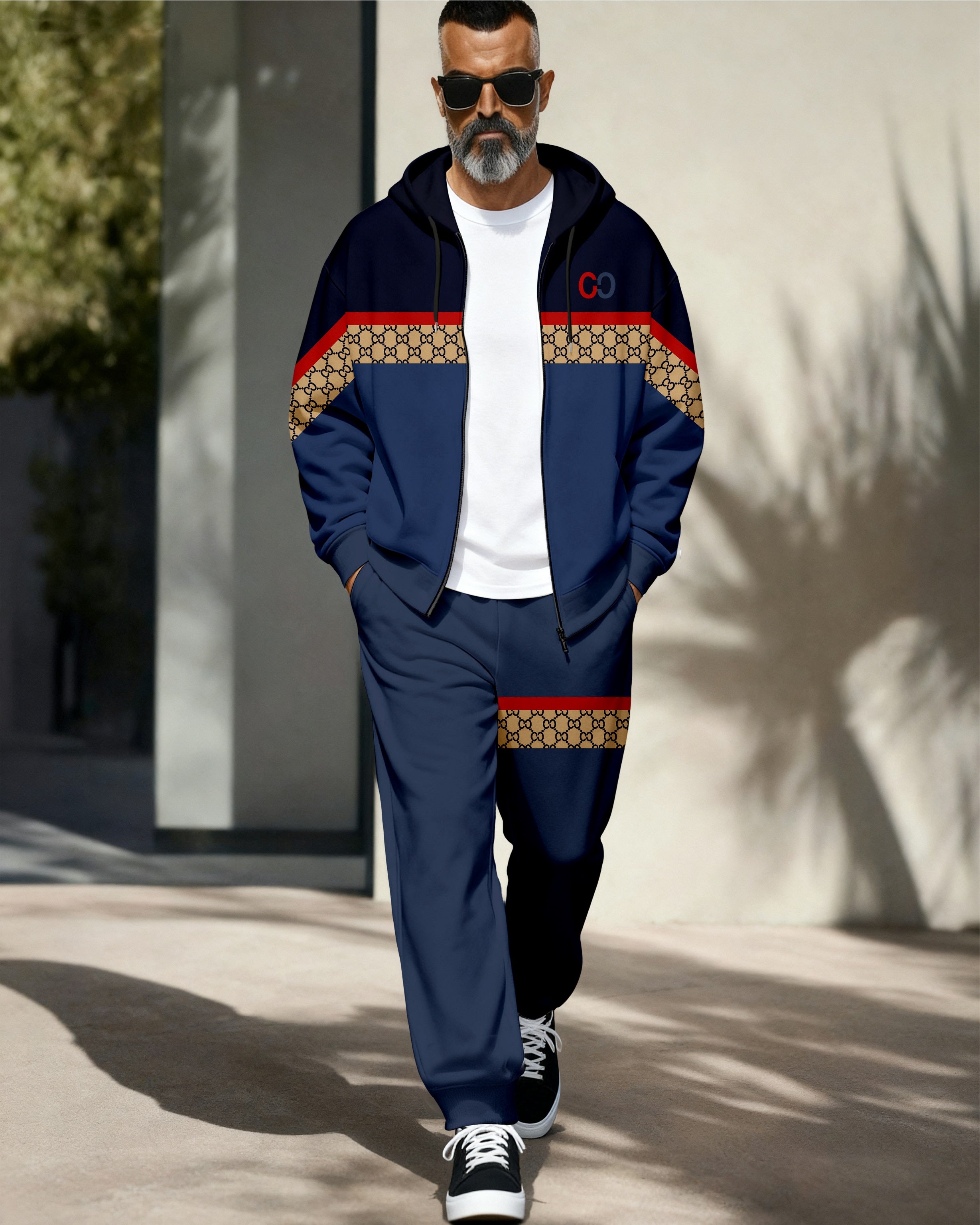 Men's Retro Luxury Thickened Fleece Colorblock Jacket Sports Hoodie Set 09