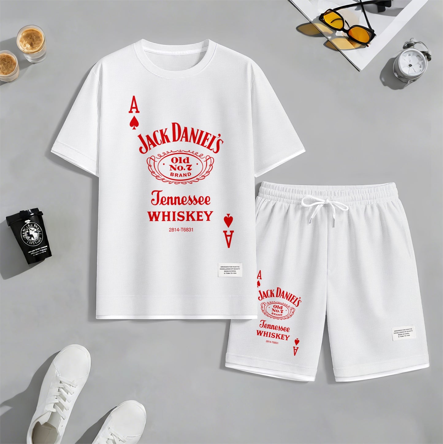Men's Beer And Beverage Printed Drawstring Shorts Set, Suitable For Spring And Summer Wear, Casual Summer Set, Including Short-Sleeved Shirt And Shorts, Suitable For Everyday Wear And Sports 013