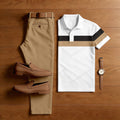 Men's Casual White Geometry Printed Polo Shirt And Pants Two-Piece Set