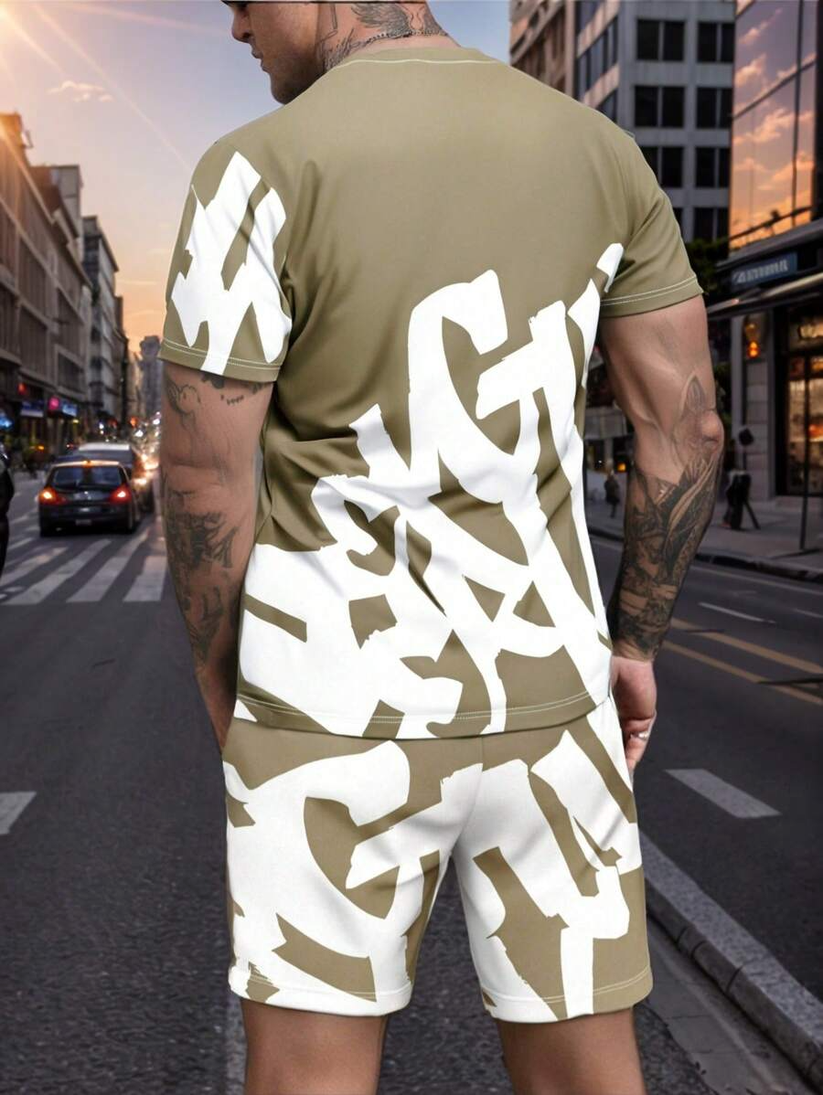 Men's Summer Colorblock Printed Round Neck Set 410